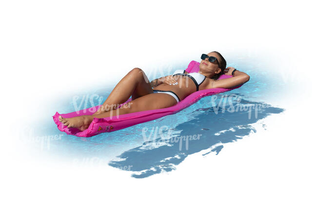 cut out woman sunbathing on an air mattress in the pool