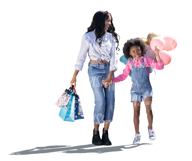 cut out mother and daughter with many balloons walking hand in hand