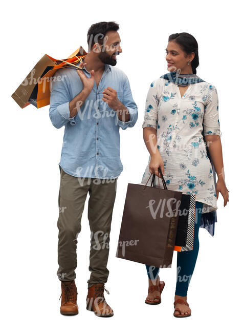 cut out indian man and woman with shopping bags walking