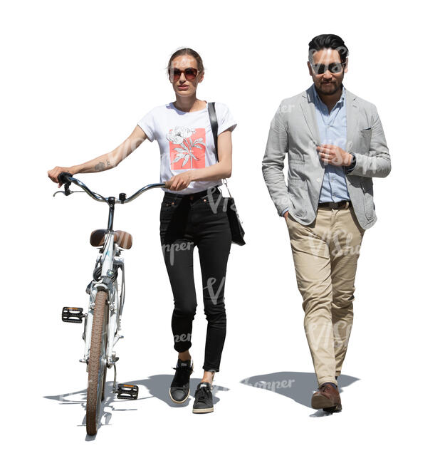 cut out man and woman with a  bike walking side by side