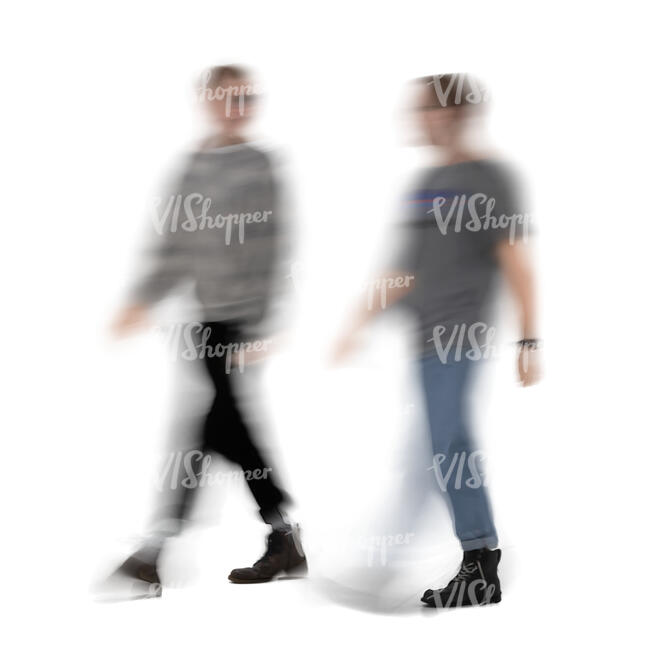 two cut out motion blur men walking and talking