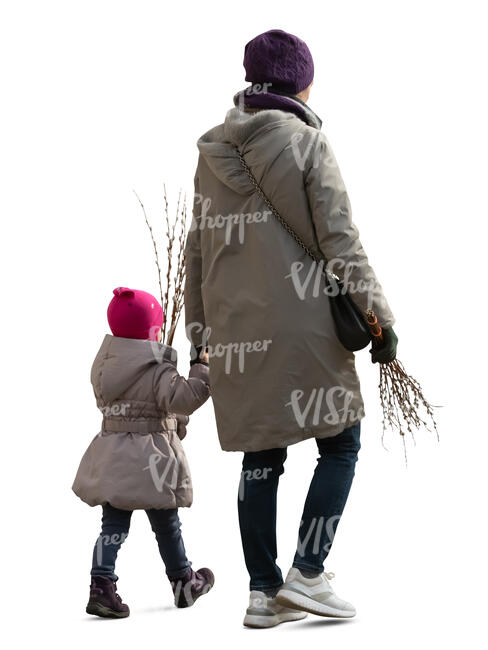 cut out mother and daughter walking hand in hand holding easter pussy willow branches 