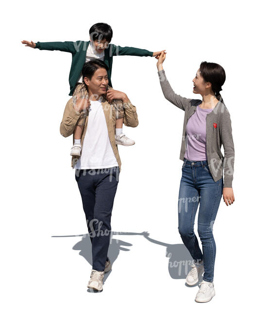 cut out chinese family walking with the father carrying son on his shoulders