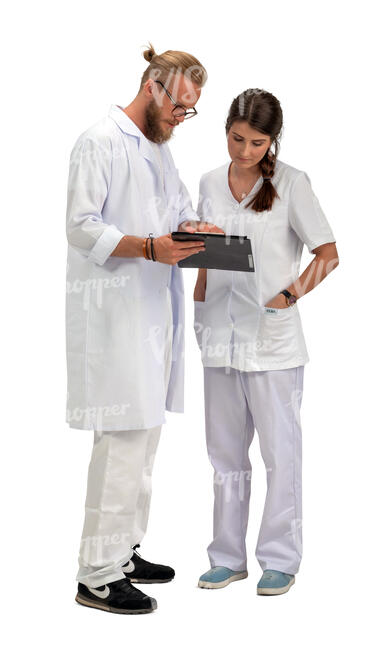two cut out medical workers standing and talking