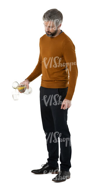 cut out man standing at a buffet table and pouring water into glass