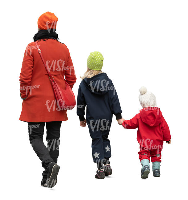 cut out mother with two kids walking in autumn