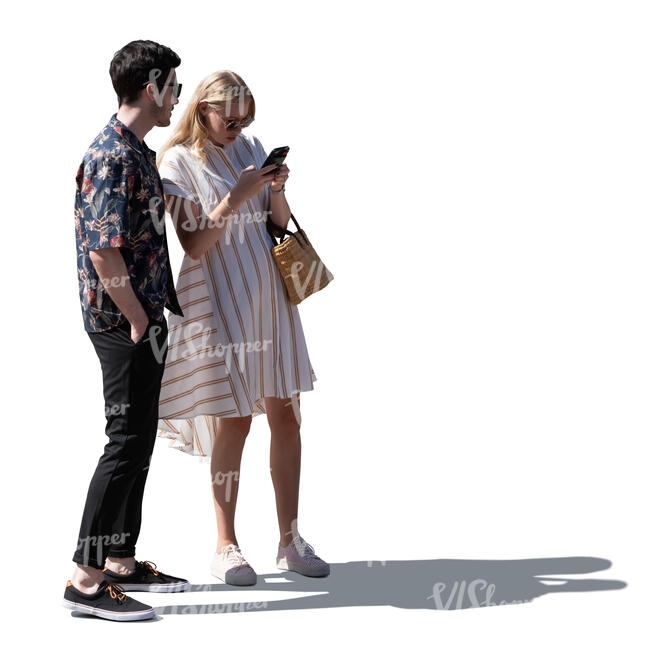 cut out sidelit man and woman standing in the street and discussing