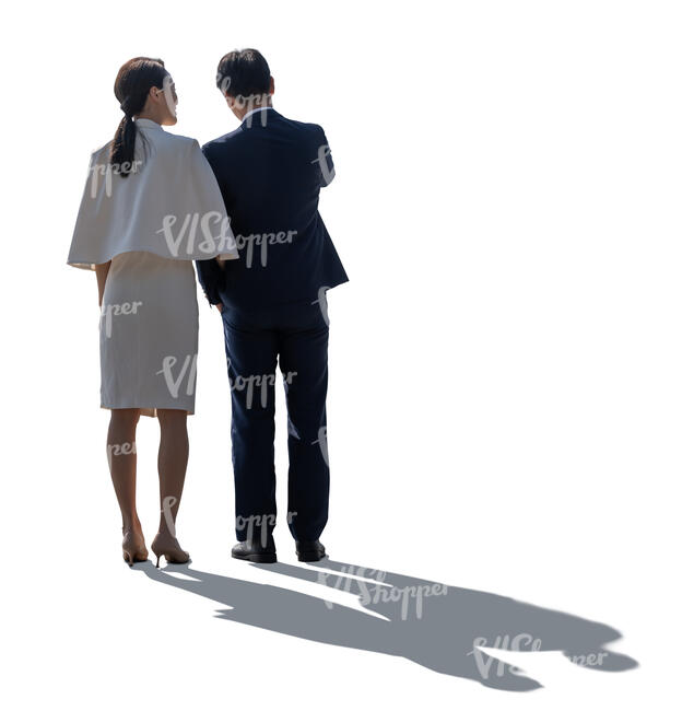 cut out backlit asian couple standing arm in arm