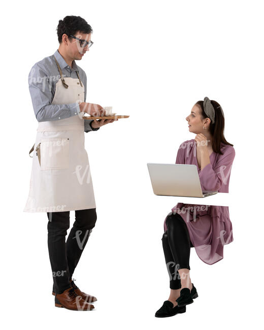 cut out waiter bringing coffee to a woman sitting at a table