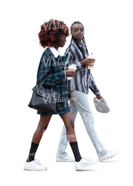 two cut out young black women with go-to-coffees walking