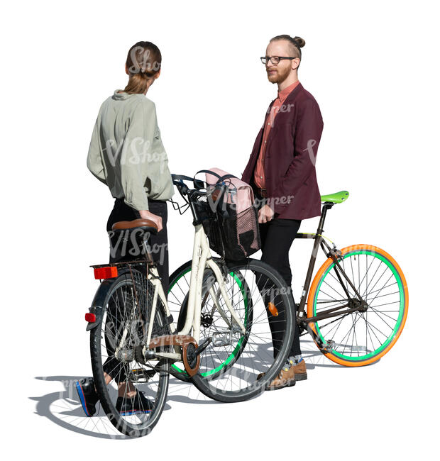 cut out man and woman with bicycles standing and talking