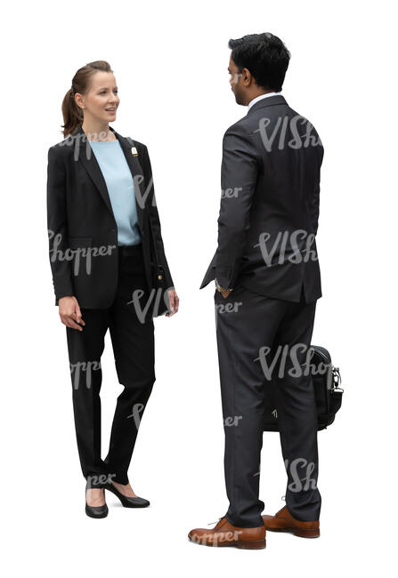 two cut out business colleagues standing and talking