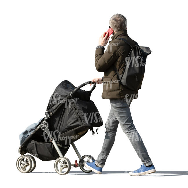 cut out man with a baby carriage walking and talking on a phone