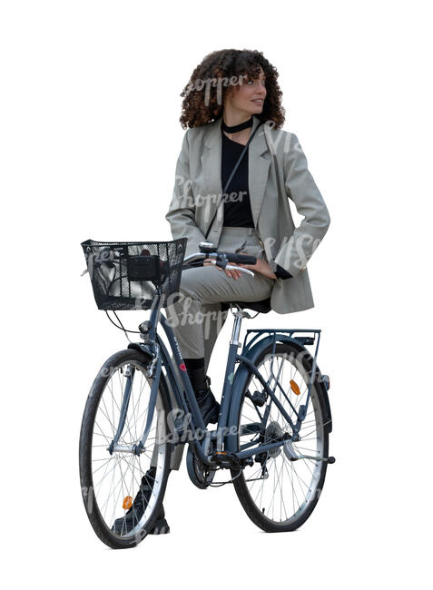 cut out woman on a a bicycle standing and looking back