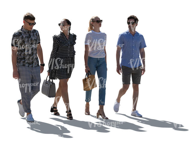 cut out backlit group of four young people walking