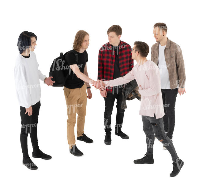 cut out top view of a group of young men standing and greeting