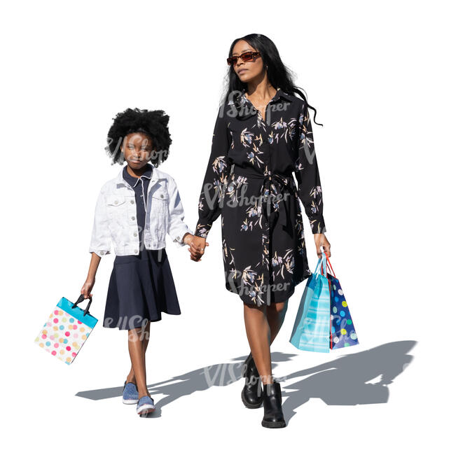 cut out mother and daughter with shopping bags walking hand in hand