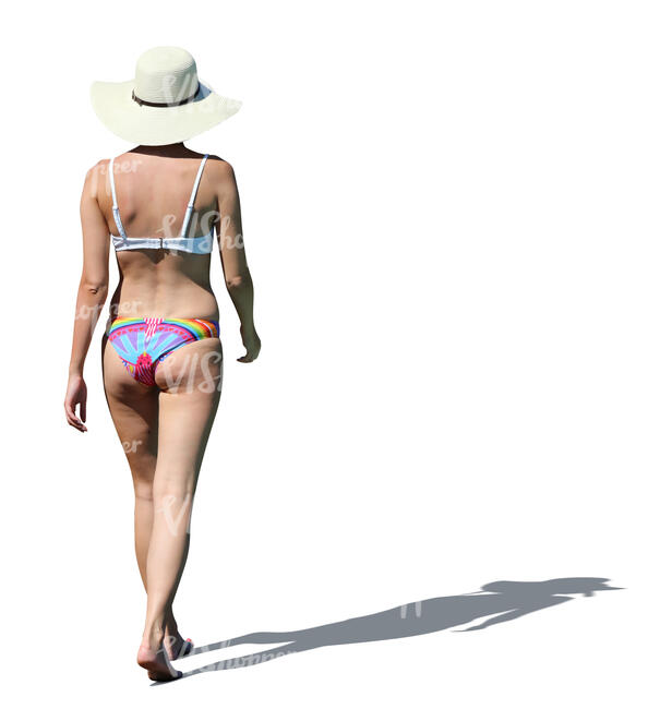 cut out woman in bikini walking in sunlight