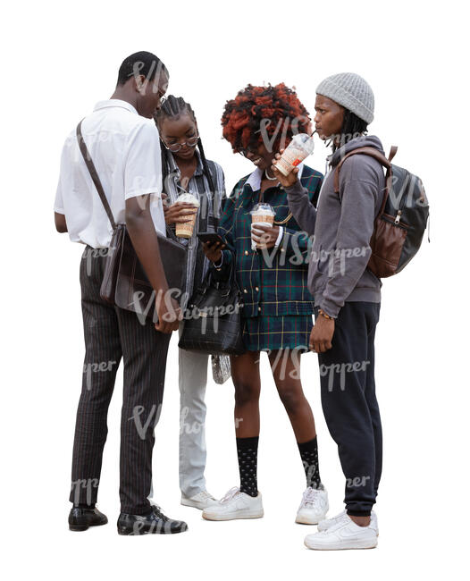 cut out group of four young black people standing and talking