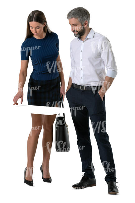 cut out man and woman looking something at a table