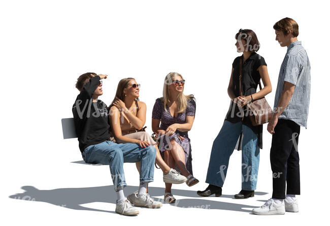 cut out group of five young people sitting and standing and talking