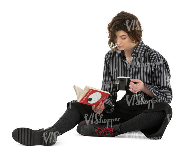 cut out woman sitting on the ground and reading a book