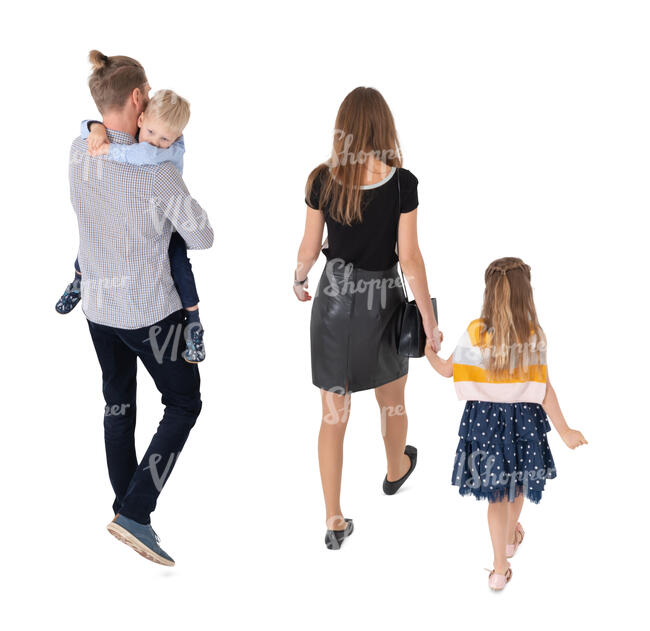 cut out family with two kids walking seen from above