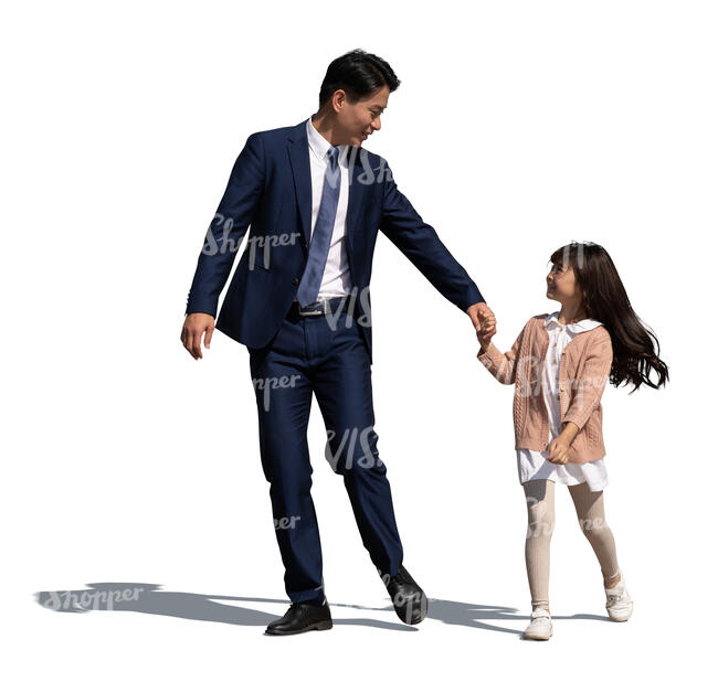 cut out asian man walking hand in hand with his daughter