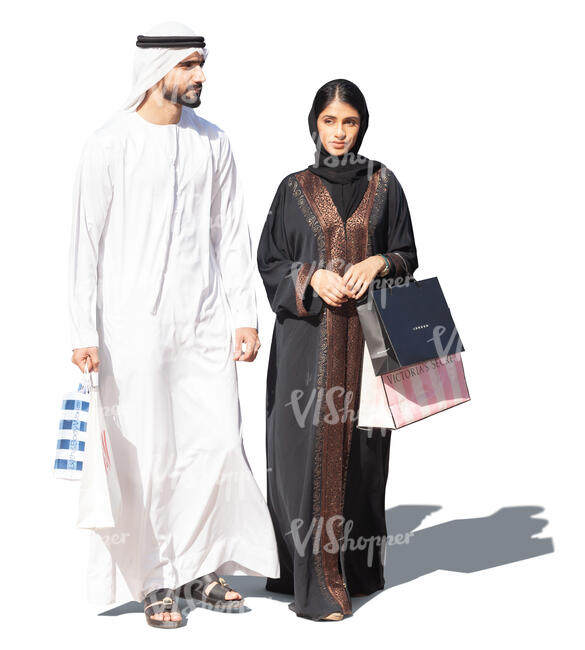 cut out arab man and woman with shopping bags walking