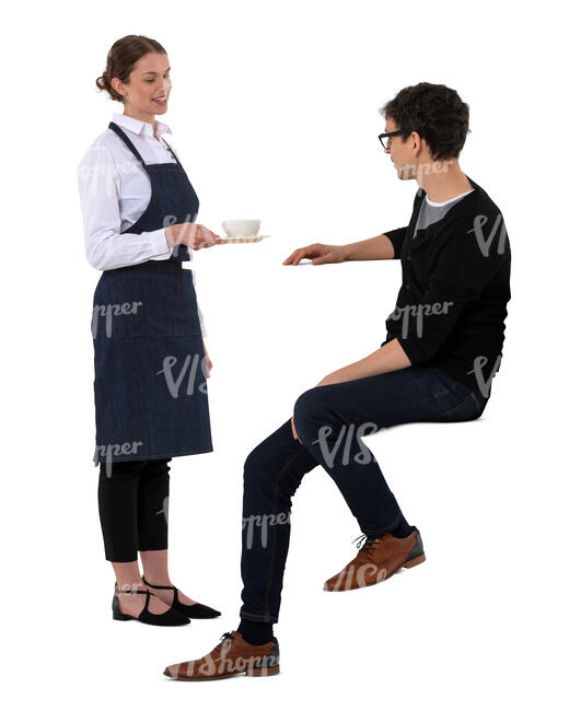 cut out waitress serving coffee to a man sitting at a bar counter