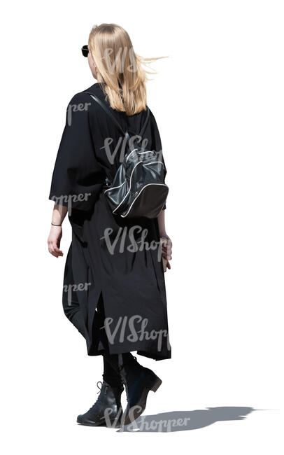 cut out woman in a long black summer jacket walking