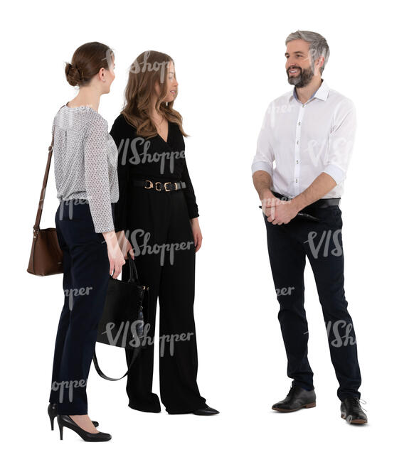 three cut out people standing and talking