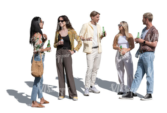 cut out group of five young people standing and drinking and talking