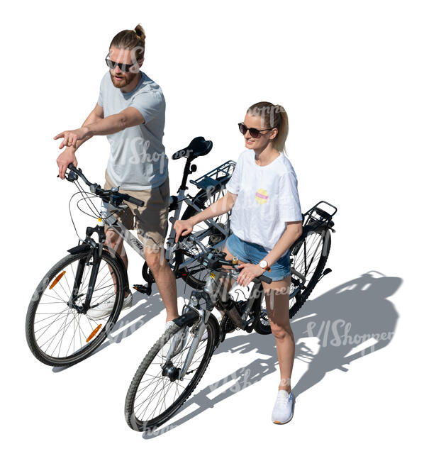 cut out man and woman with bikes seen from above