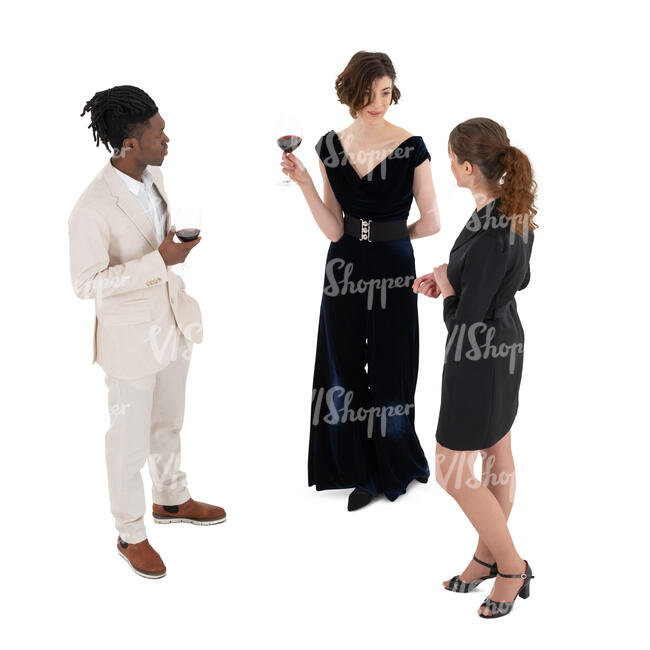 cut out group of three people at a party standing and talking
