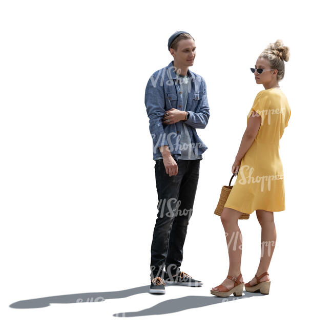 cut out backlit man and woman standing and talking