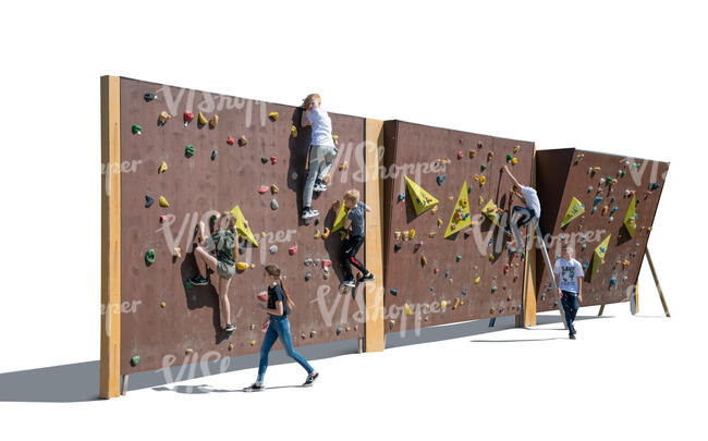 cut out group of children climbing on a rock climbing wall