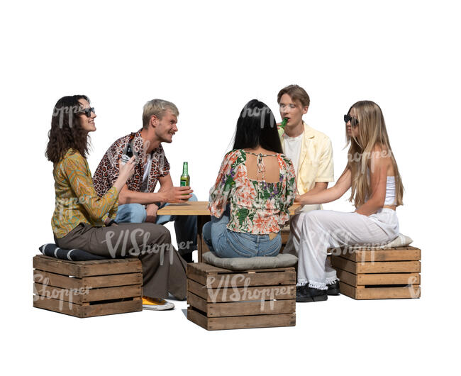 cut out group of five young people sitting in an outdoor cafe