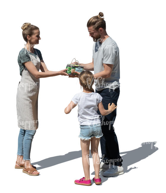 cut out man with a daughter buying grapes on farmers market