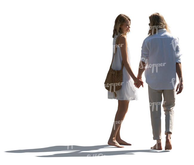 cut out backlit couple in white summer clothes walking hand in hand