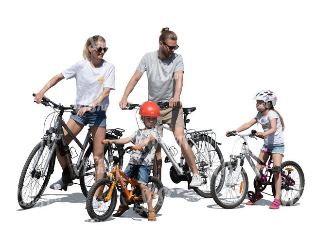 cut out family on bikes standing and talking