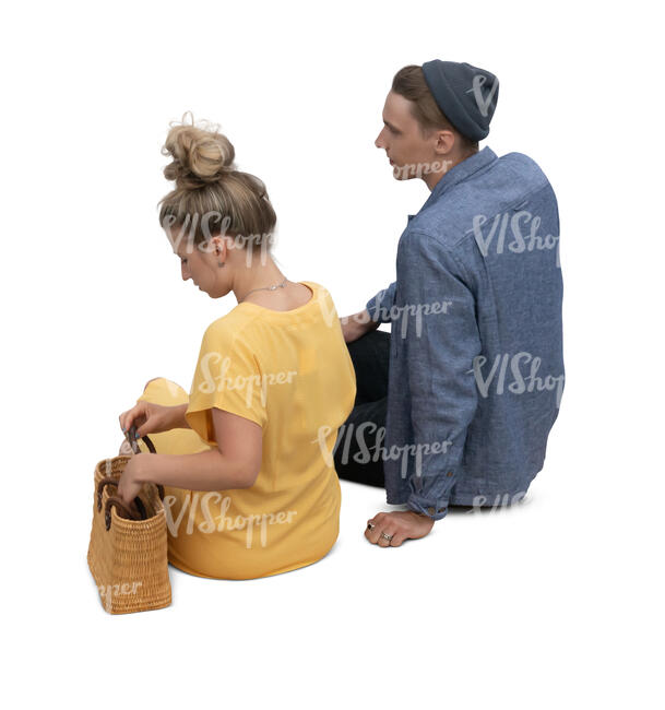 cut out man and woman sitting seen from back angle