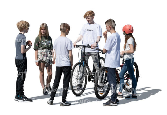cut out group of children with bikes standing and talking