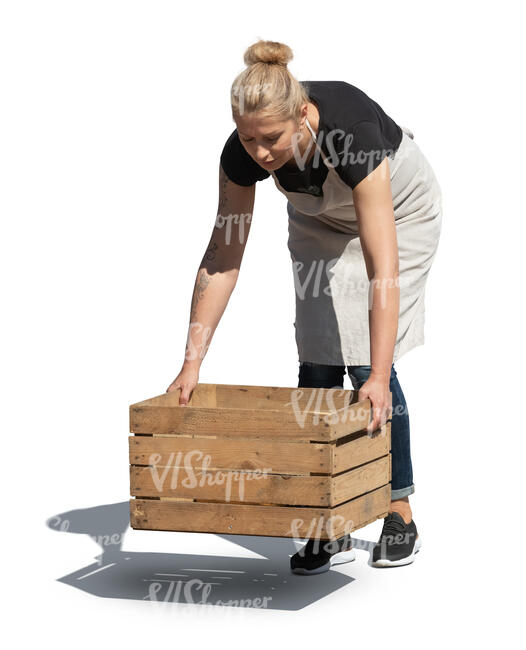 cut out woman lifting a wooden crate