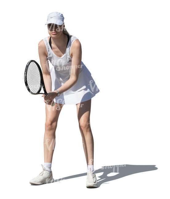 cut out woman in a white tennis dress playing tennis