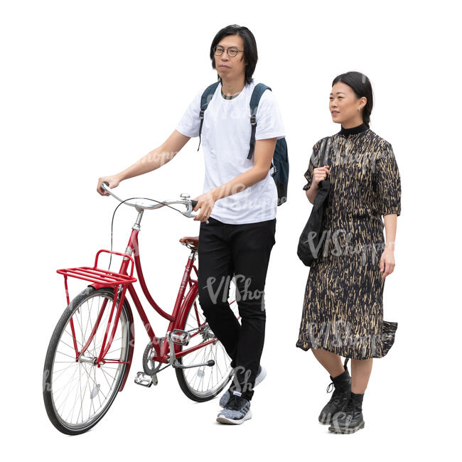 asian man with a bike walking and talking to a woman walking beside him