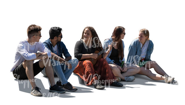 five cut out young people sitting on the sidewalk