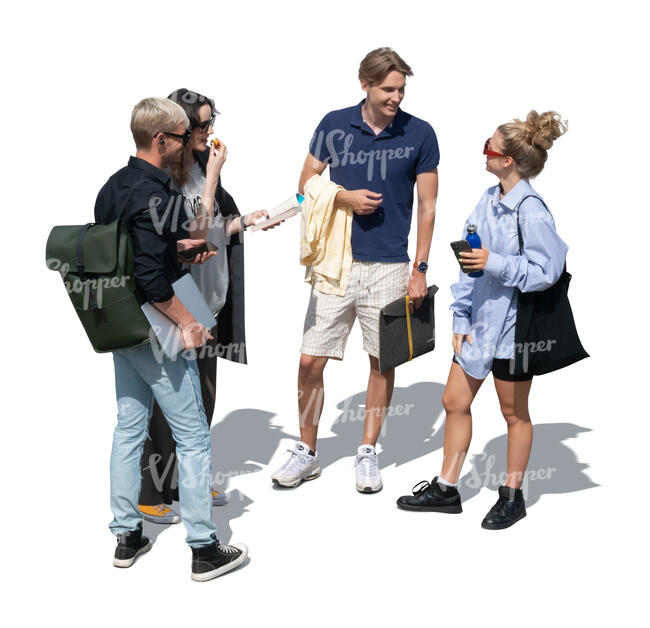 cut out top view of a group of four people standing and talking