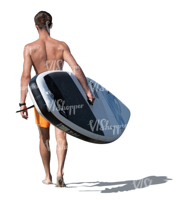 cut out young man carrying a sup board walking on the beach