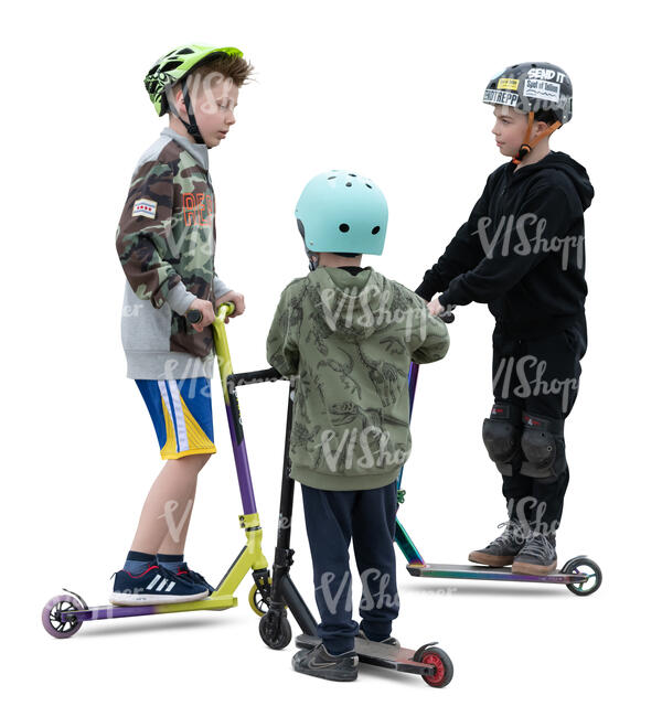three cut out boys with scooters standing and talking